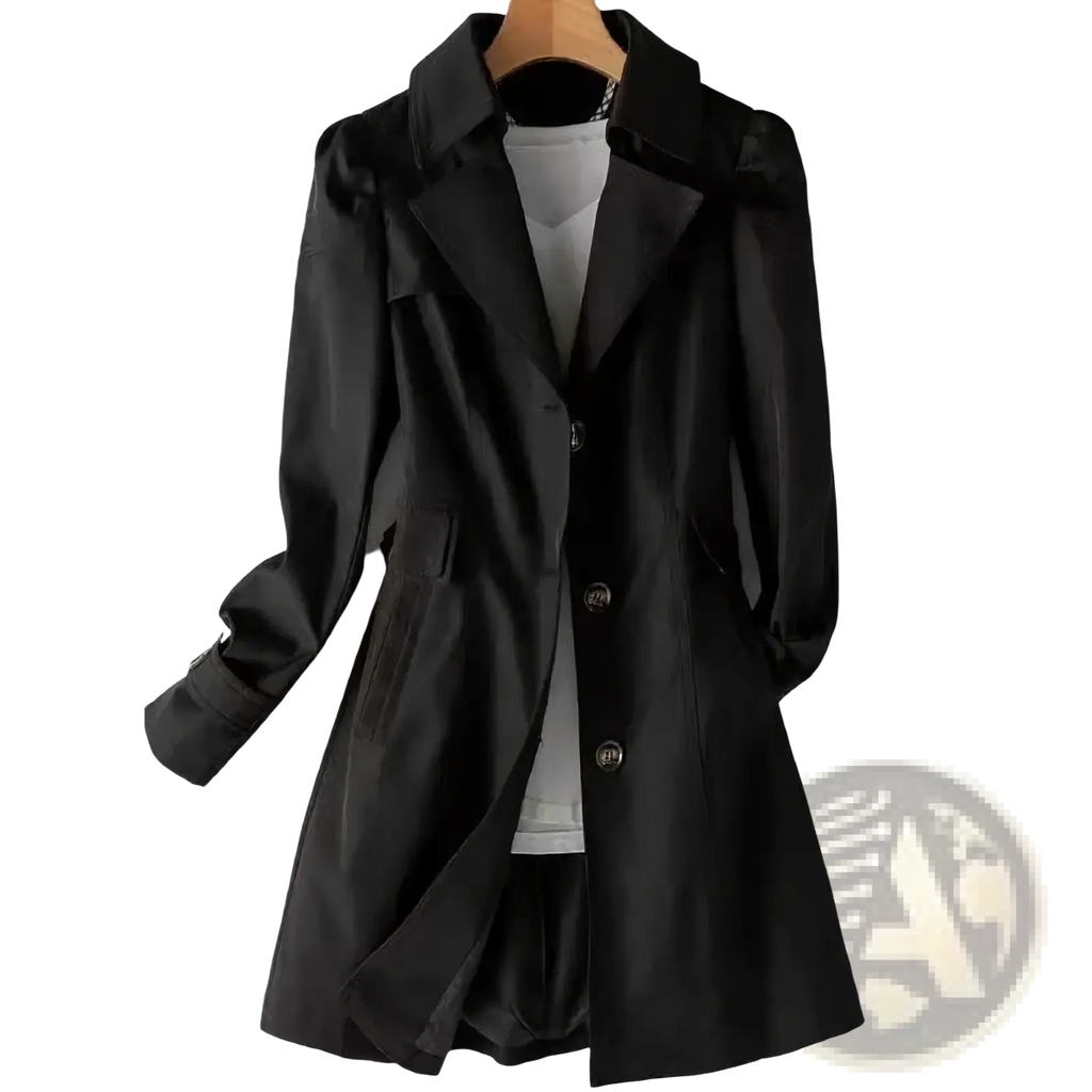 Black satin Korean double-breasted trench coat with classic collar and button closure for formal wear