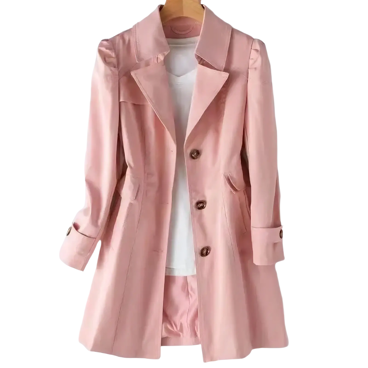 A soft pink Korean double-breasted trench coat with classic collar, button closures, and subtle side pleats