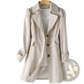 Beige korean double-breasted trench coat with classic collar three dark buttons and rolled-up cuffs
