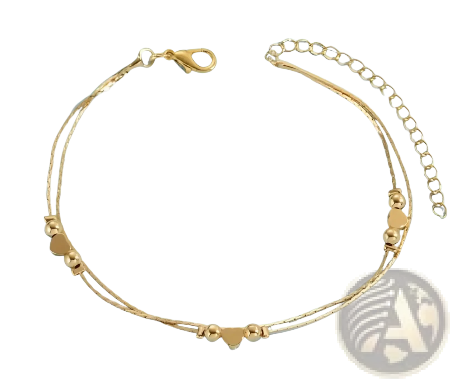 Korean double layer silver heart bead bracelet in gold tone with delicate heart charms and spherical beads with lobster clasp