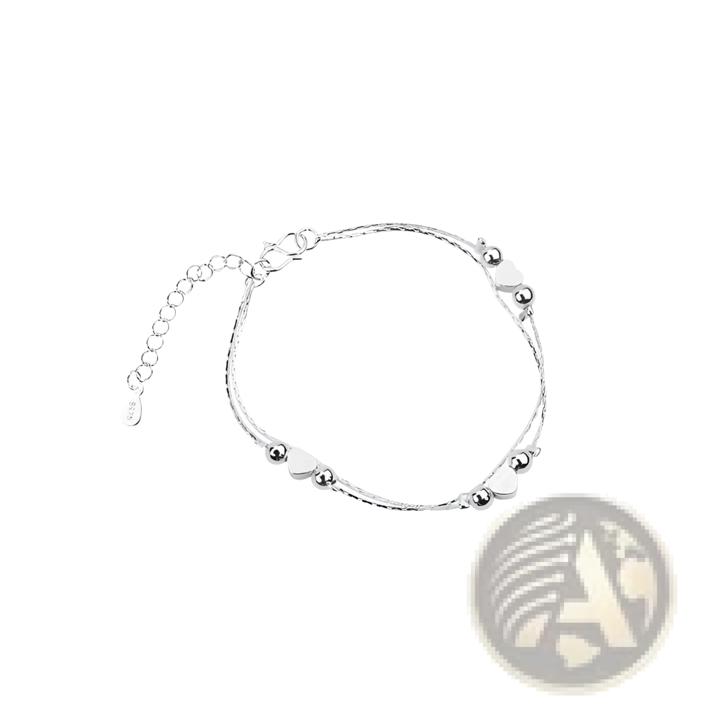 Silver heart-themed korean double layer silver anklet with twisted wire strands and small spherical beads
