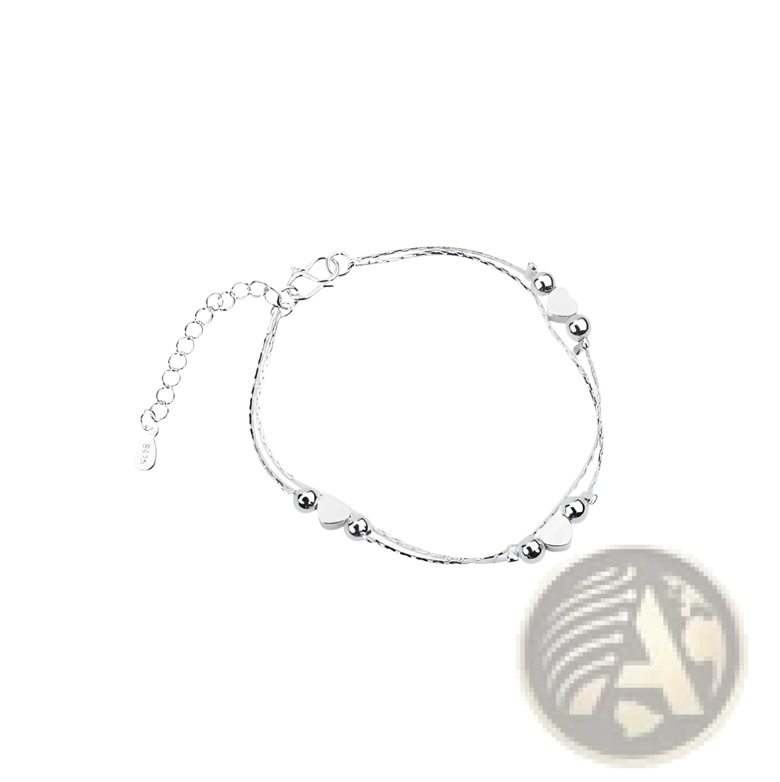 Silver heart-themed korean double layer silver anklet with twisted wire strands and small spherical beads