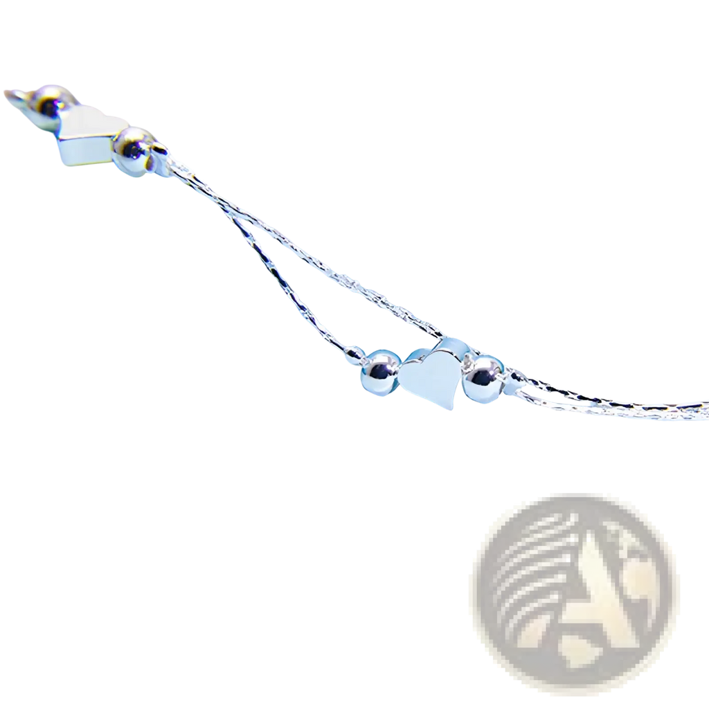 Silver double layer heart bead bracelet with delicate chain and spherical beads in korean style design