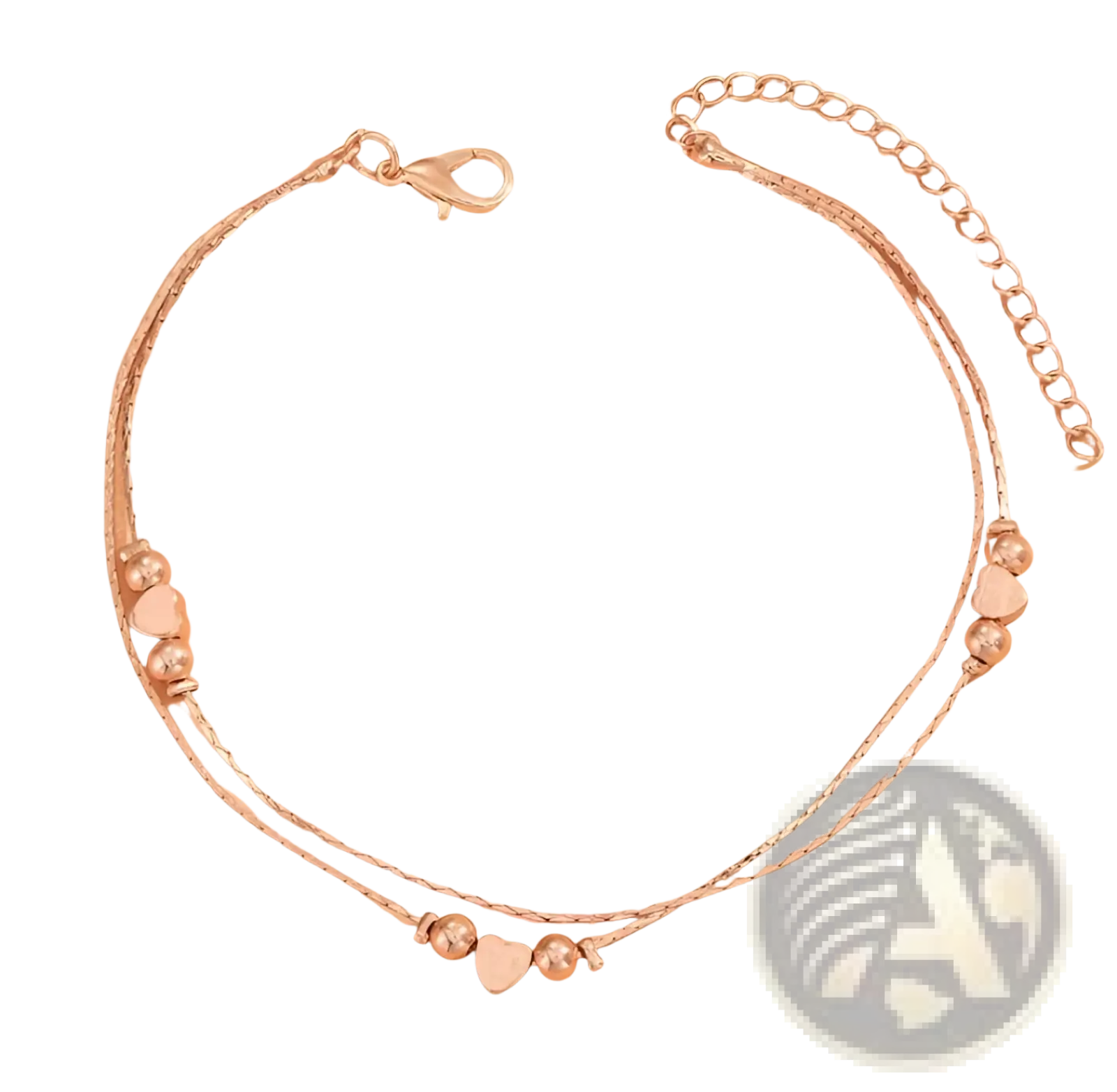 Rose gold-toned Korean double layer silver heart bead anklet with delicate heart charms and small spherical beads