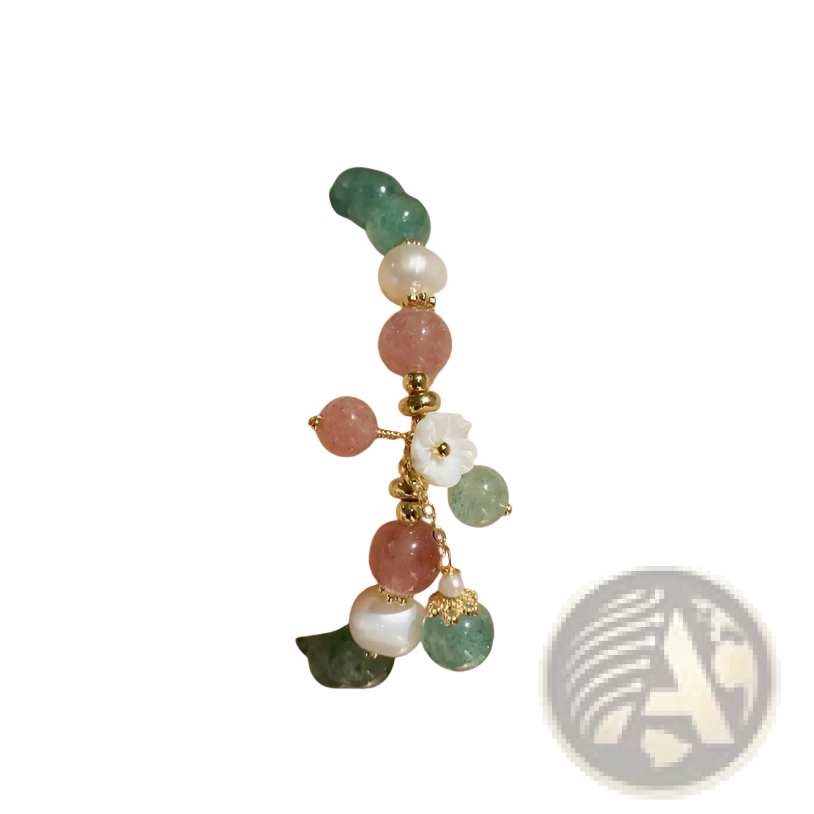 A Korean floral green strawberry crystal beaded bracelet with alternating green and pink gemstones white pearls and a floral charm