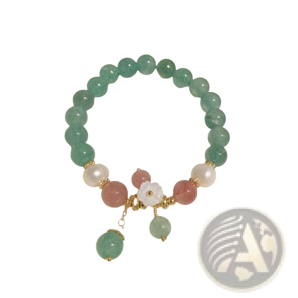 Korean floral green strawberry crystal beaded bracelet with jade pink gemstones gold accents and white floral charm in red box