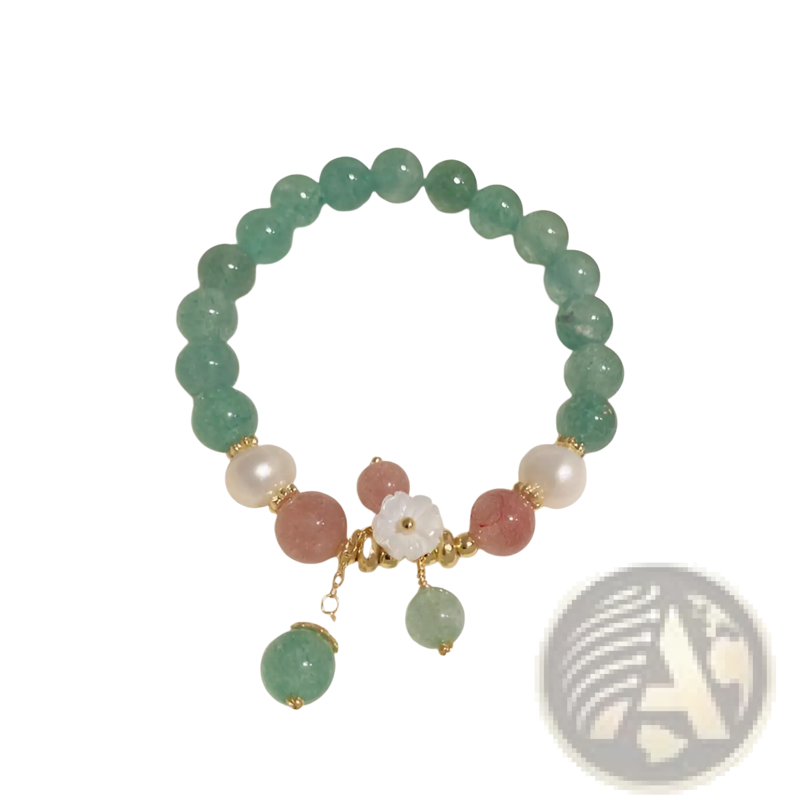 Korean floral green strawberry crystal beaded bracelet with jade pink gemstones gold accents and white floral charm in red box