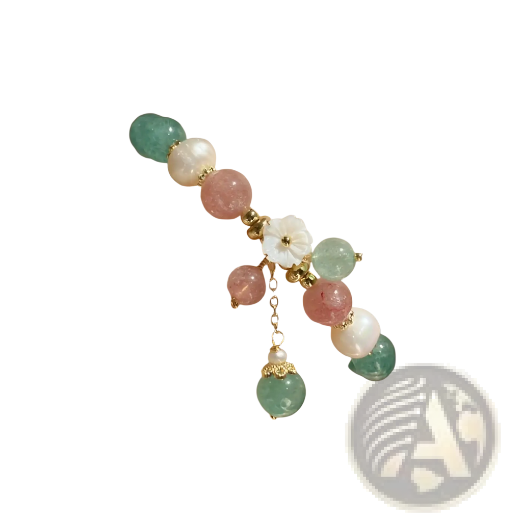 Korean floral green strawberry crystal beaded bracelet with pastel gemstone beads floral charm and turquoise pendant