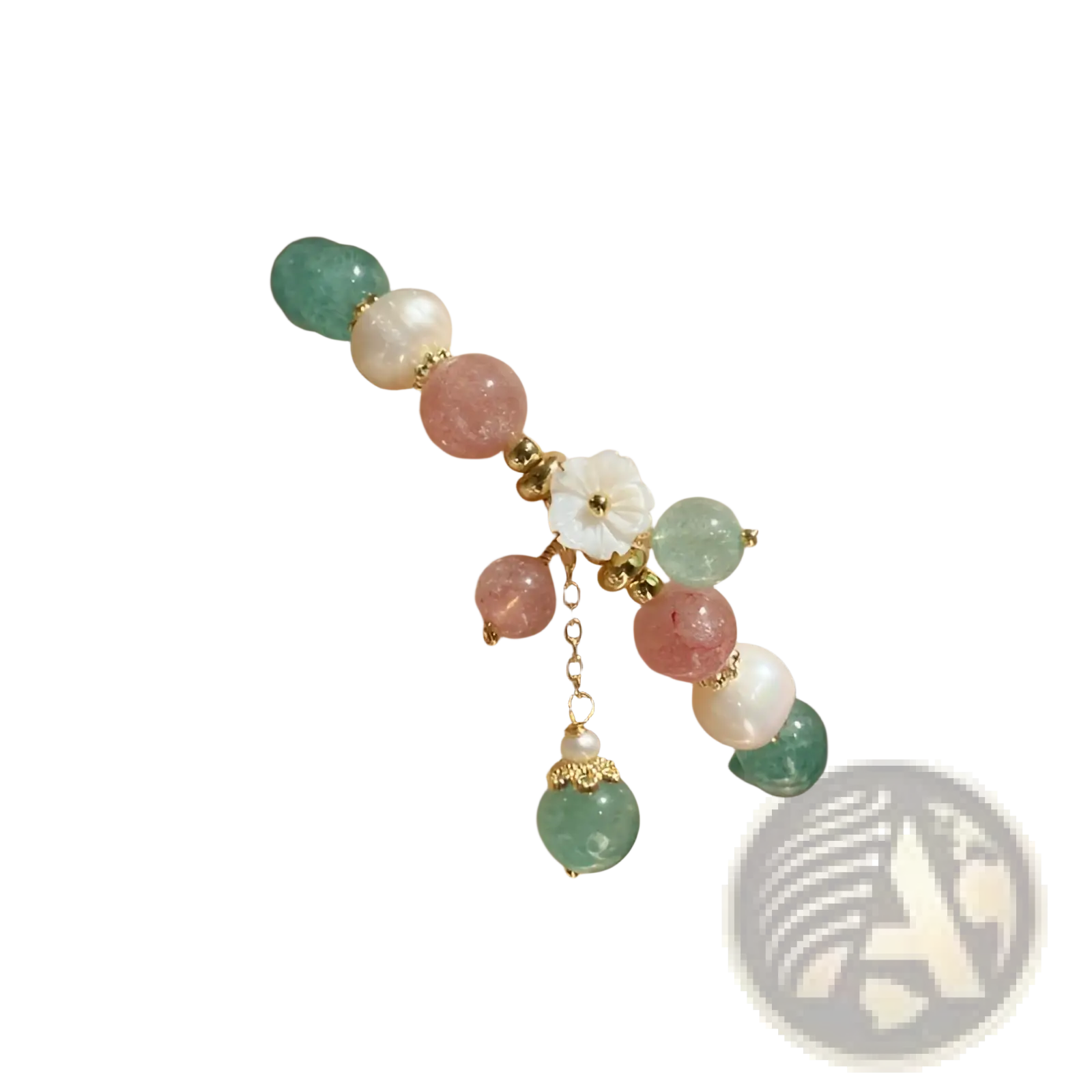 Korean floral green strawberry crystal beaded bracelet with pastel gemstone beads floral charm and turquoise pendant