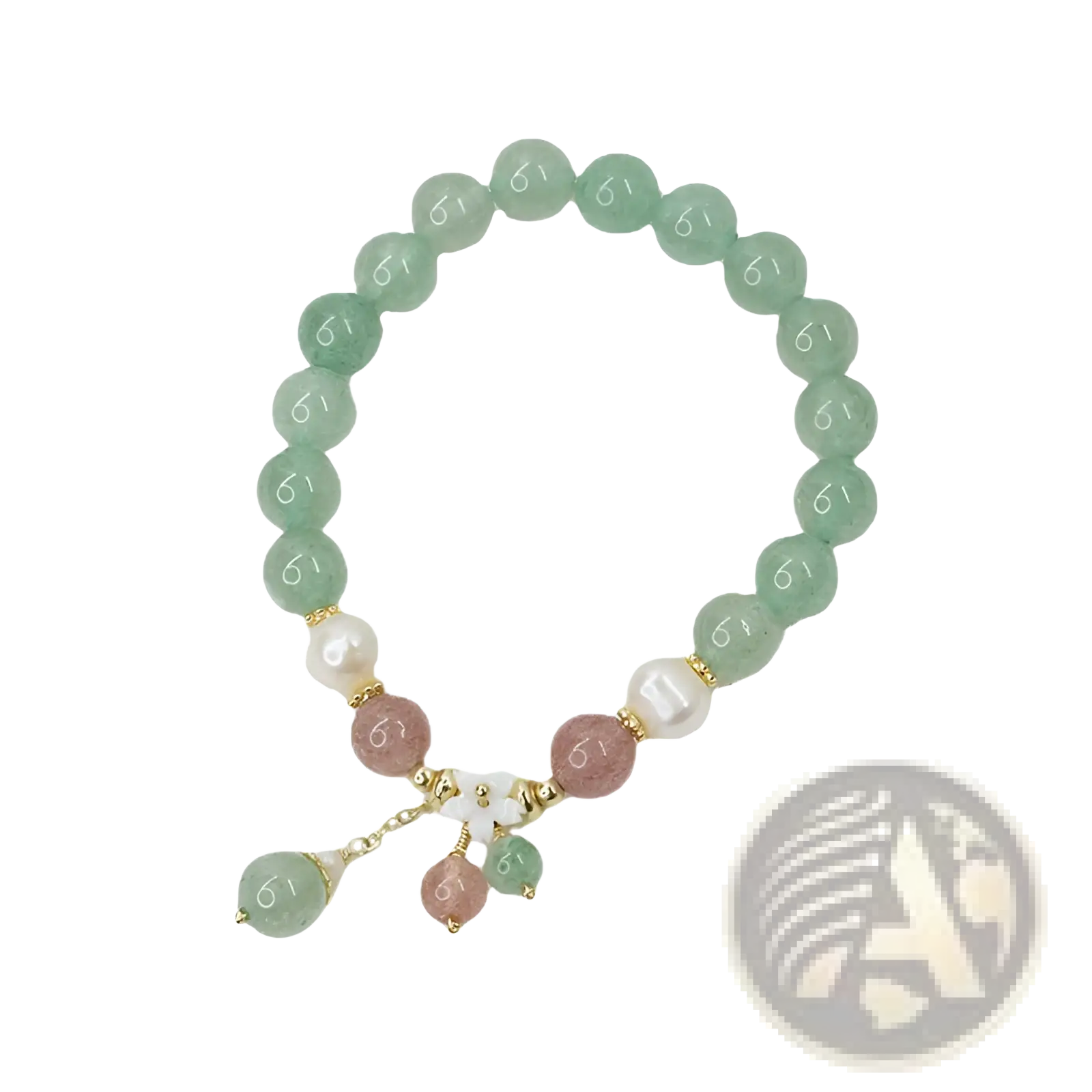 Korean floral green strawberry crystal beaded bracelet with delicate jade and pink stones and white floral charm accent