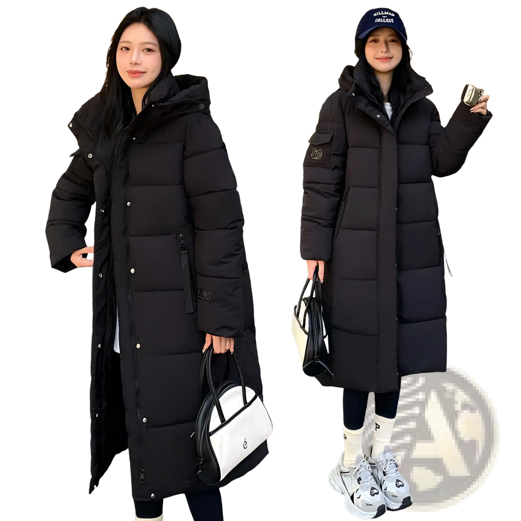 Black quilted Korean hooded puffer jacket with front zipper closure designed for warmth and style