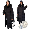 Black quilted Korean hooded puffer jacket with front zipper closure designed for warmth and style