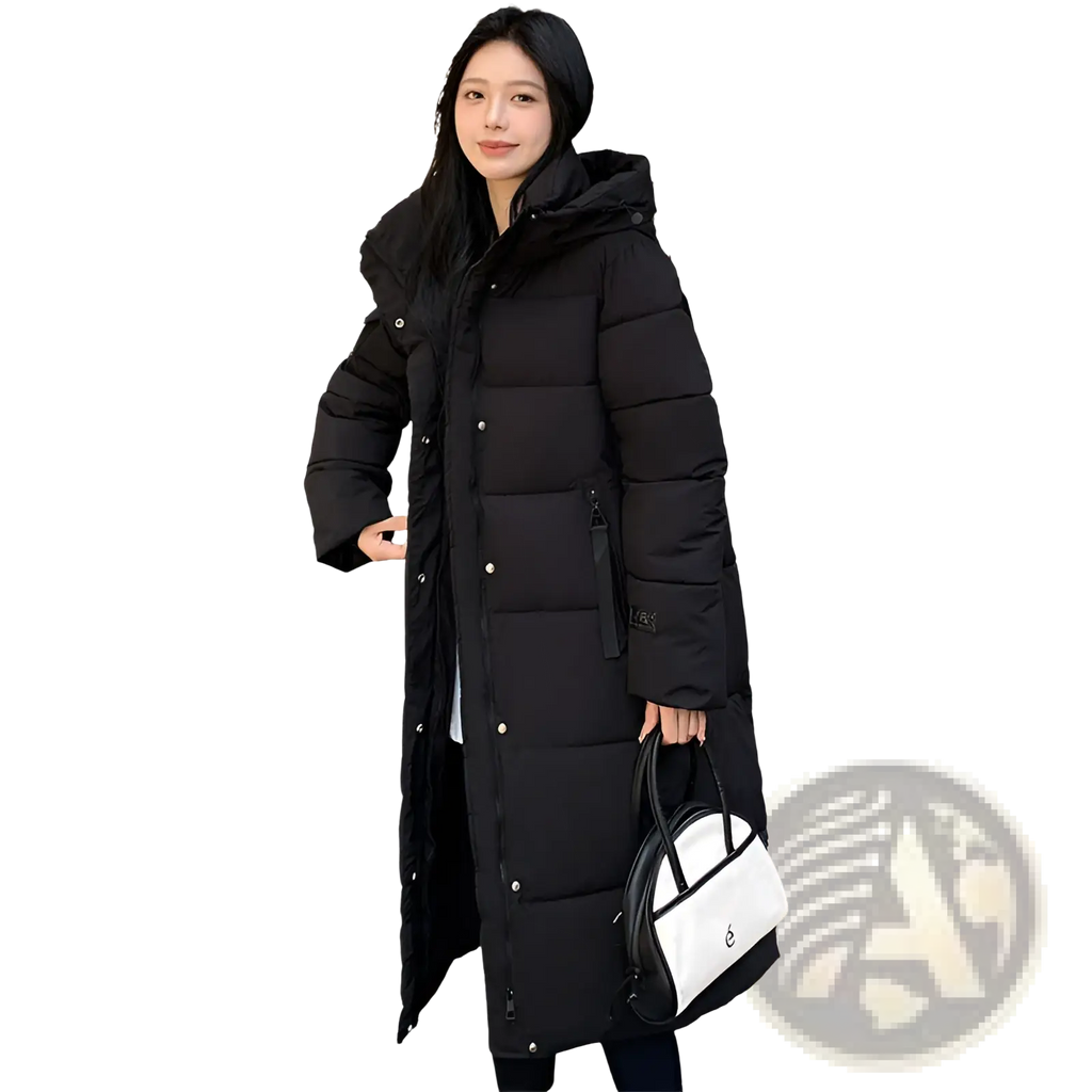 Black quilted down coat with hood and front button closure in a Korean hooded quilted puffer jacket style