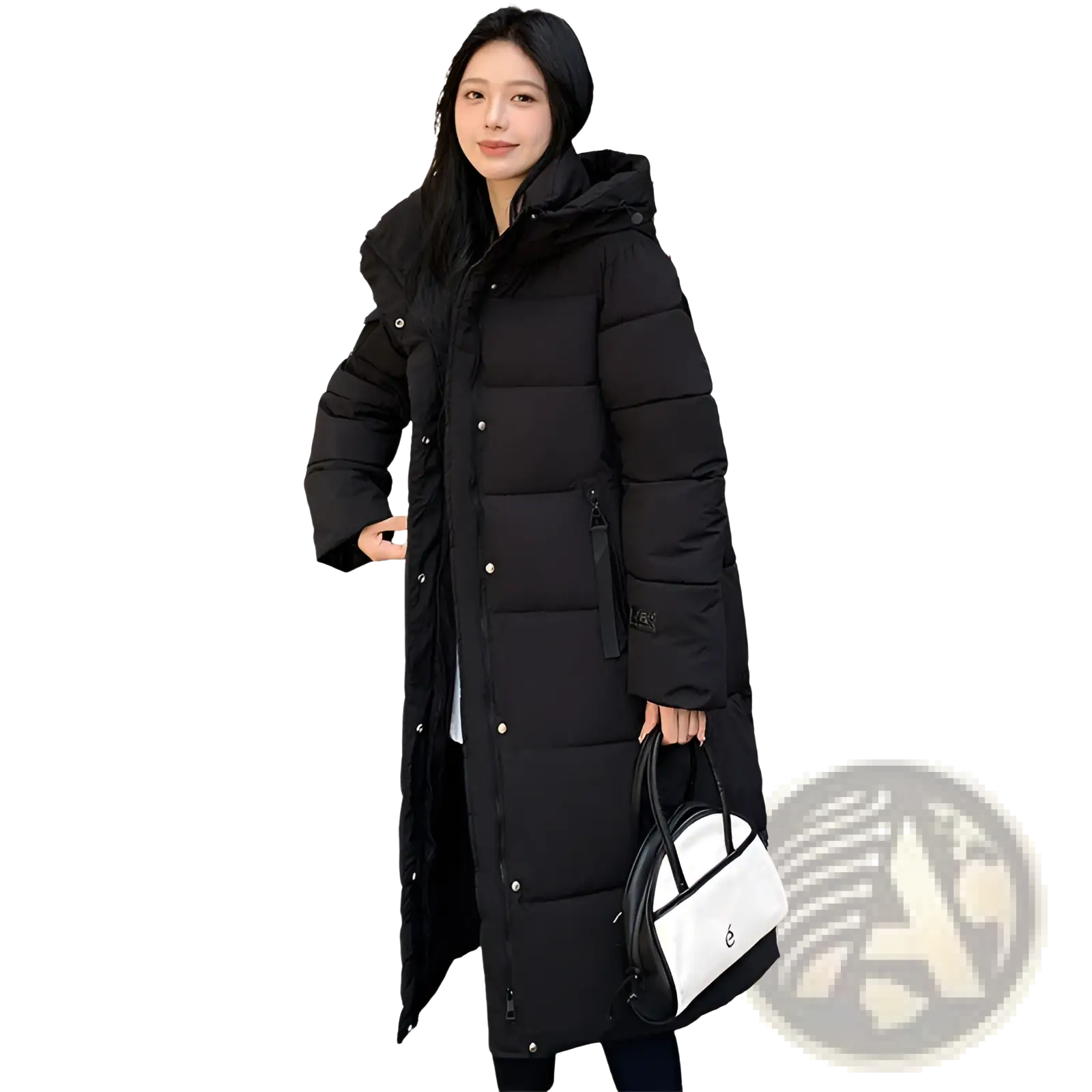 Black quilted down coat with hood and front button closure in a Korean hooded quilted puffer jacket style