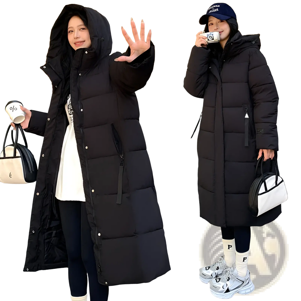 Black Korean hooded quilted puffer jacket with front zipper closure designed for warmth and style