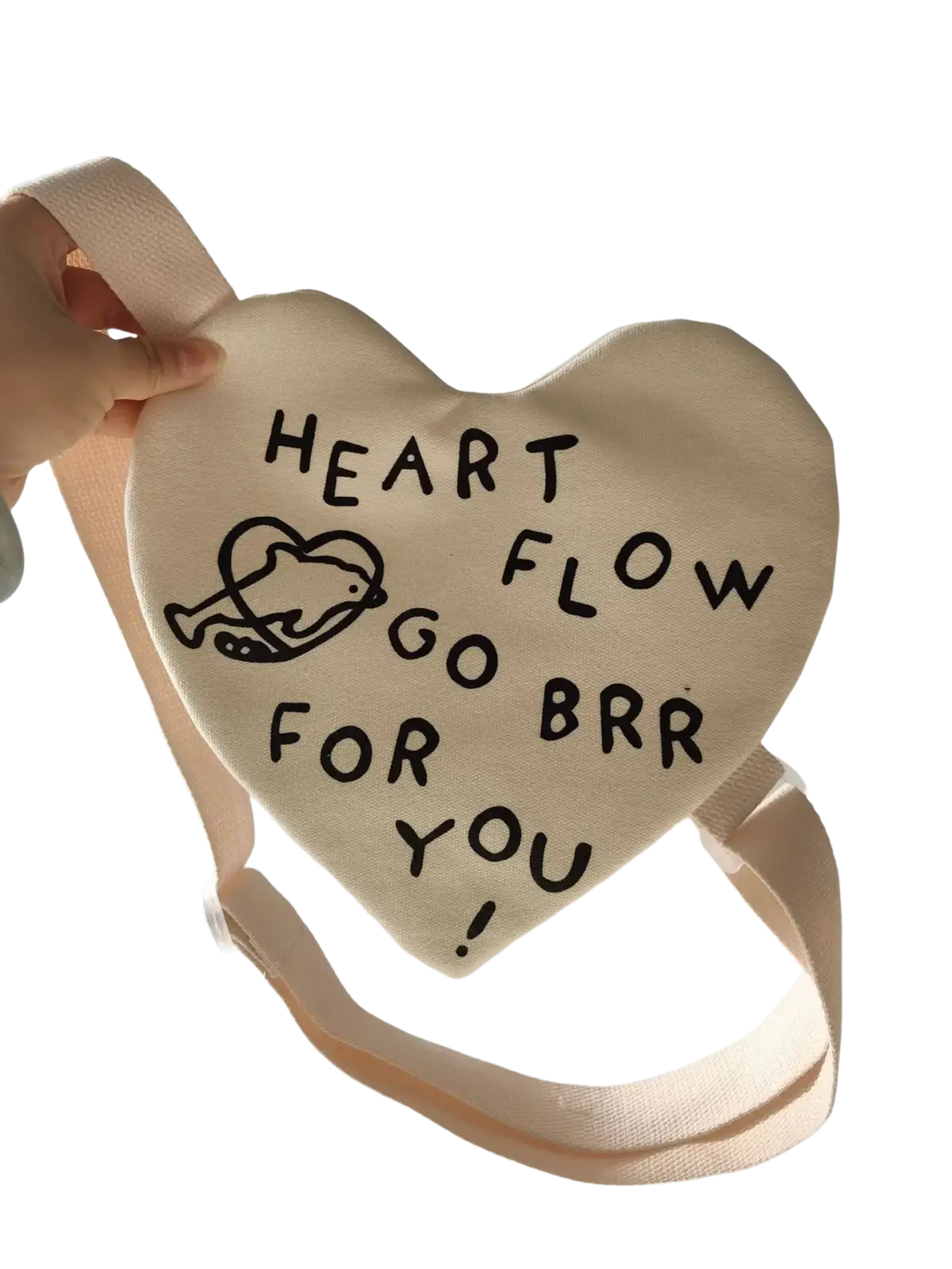 Beige heart-shaped canvas Korean kids crossbody bag with black embroidered dolphin graphic and text
