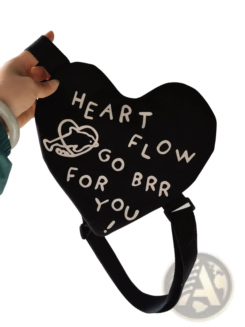 Black heart-shaped crossbody bag with white embroidered text and dolphin graphic for Korean kids