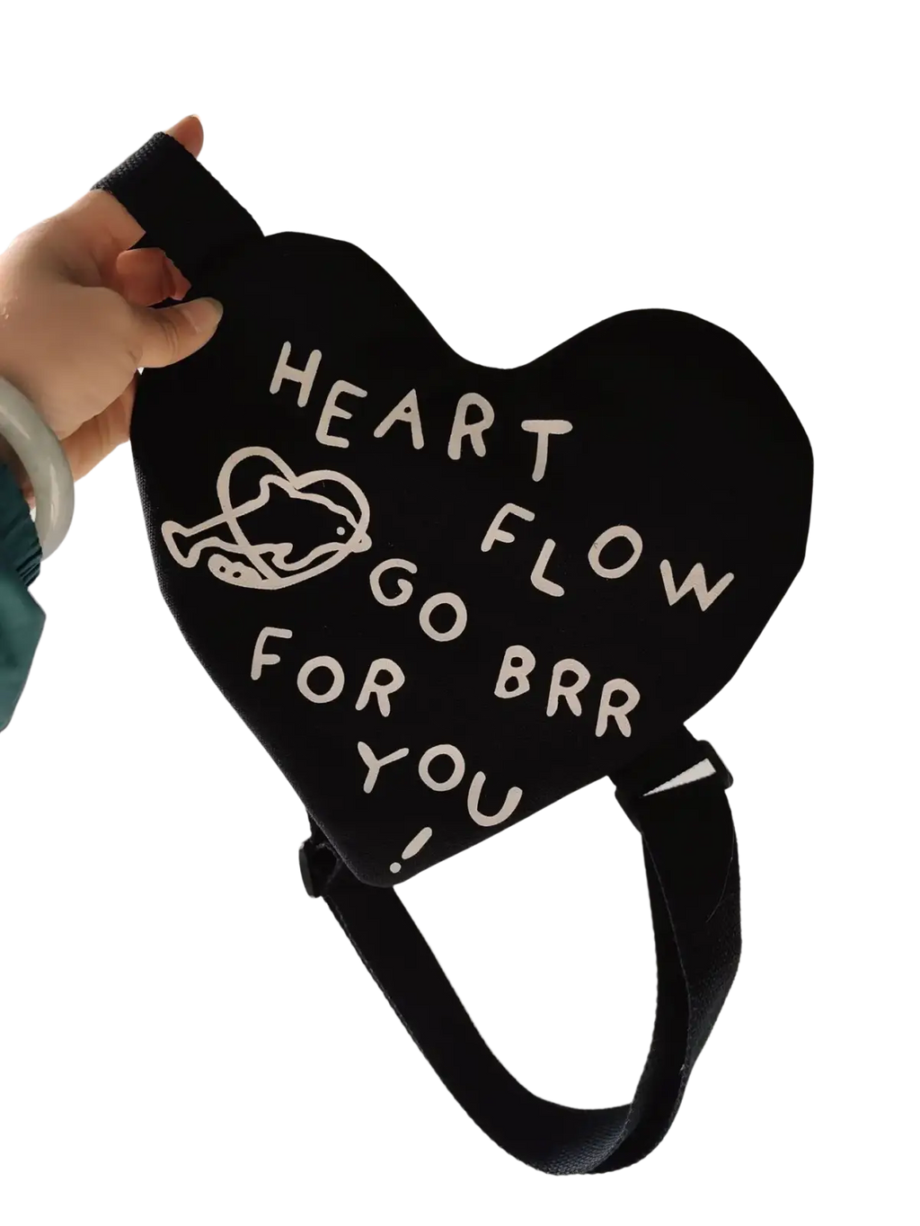 Black heart-shaped crossbody bag with white embroidered text and dolphin graphic for Korean kids