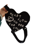 Black heart-shaped crossbody bag with white embroidered text and dolphin graphic for Korean kids
