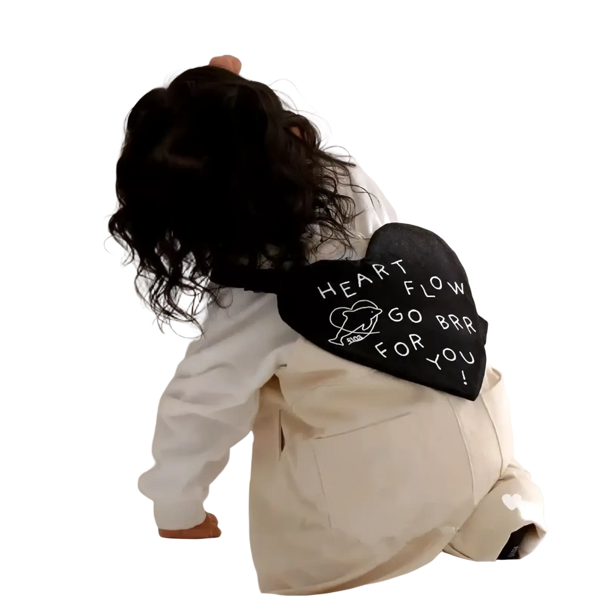 Black heart-shaped bandana with white embroidered text and graphic for korean kids heart crossbody bag accessory