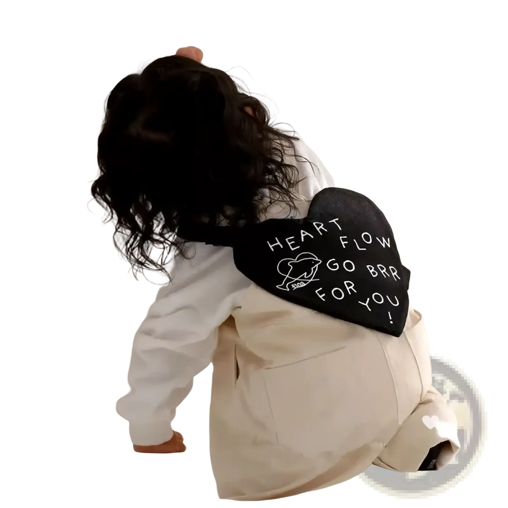 Black heart-shaped bandana with white embroidered text and graphic for korean kids heart crossbody bag accessory