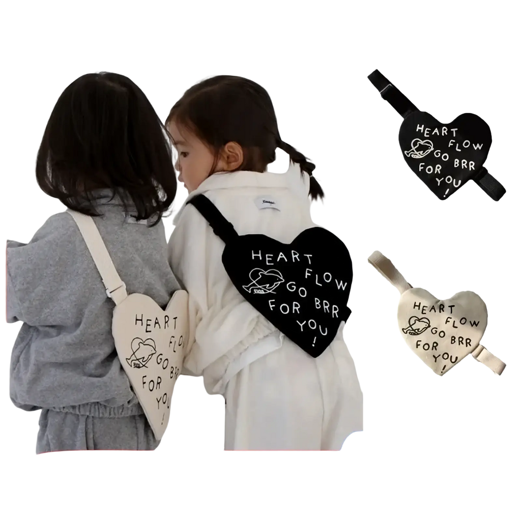 Korean kids heart crossbody bag black or white heart-shaped design with heart flow go brr for you text and small heart detail