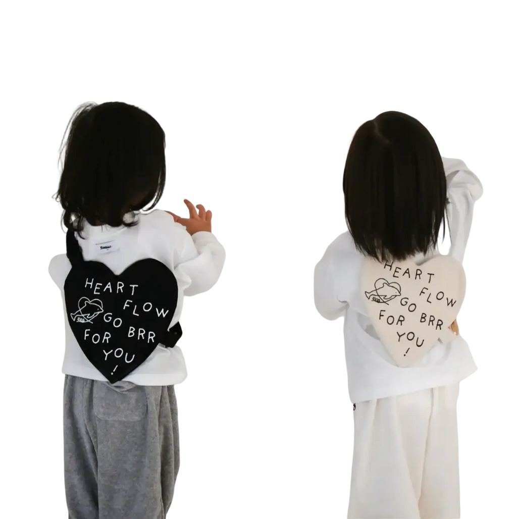 Korean kids heart crossbody bag in black and white with heart shaped design and heart flow go brr for you print