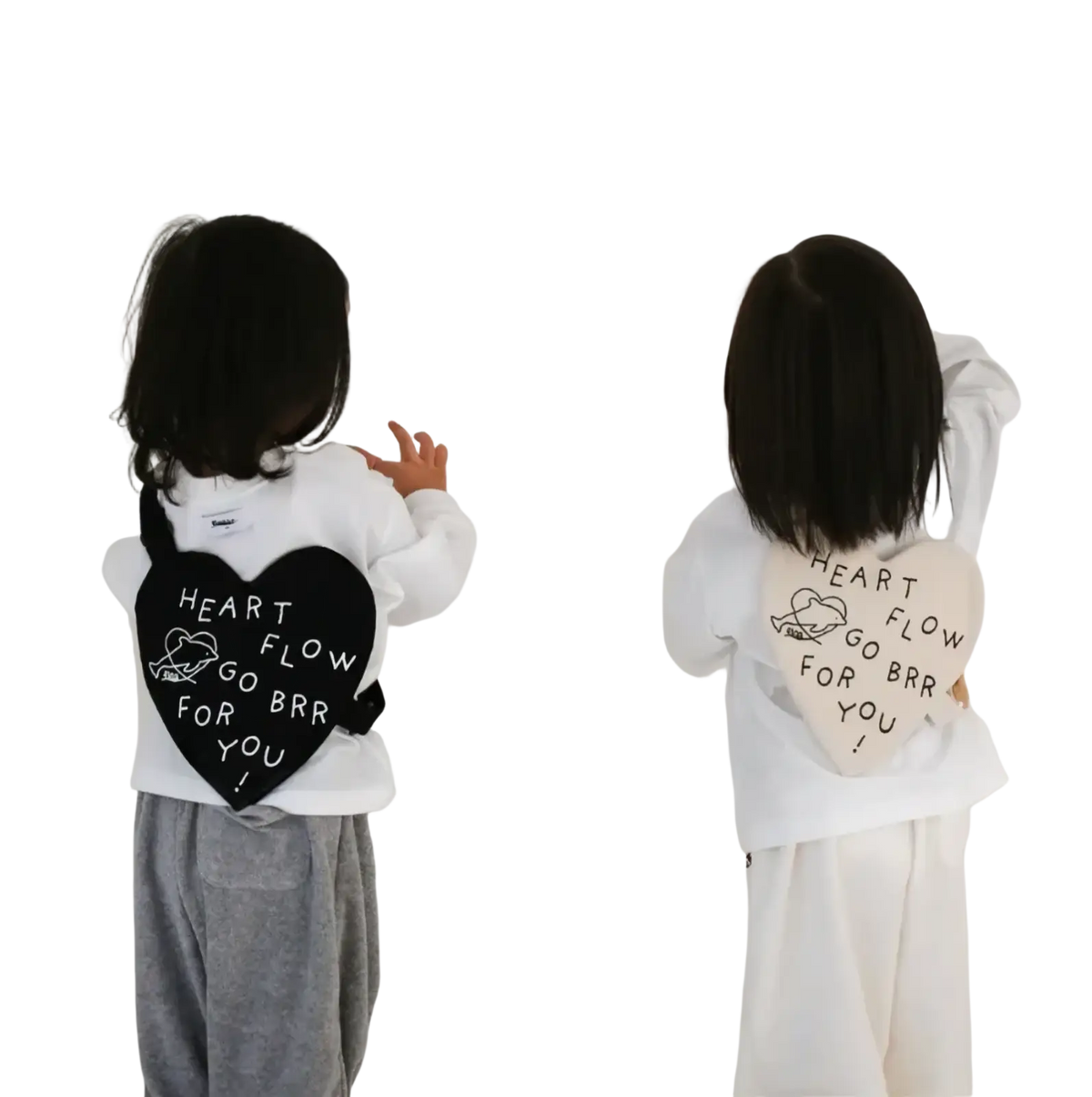 Korean kids heart crossbody bag in black and white with heart shaped design and heart flow go brr for you print
