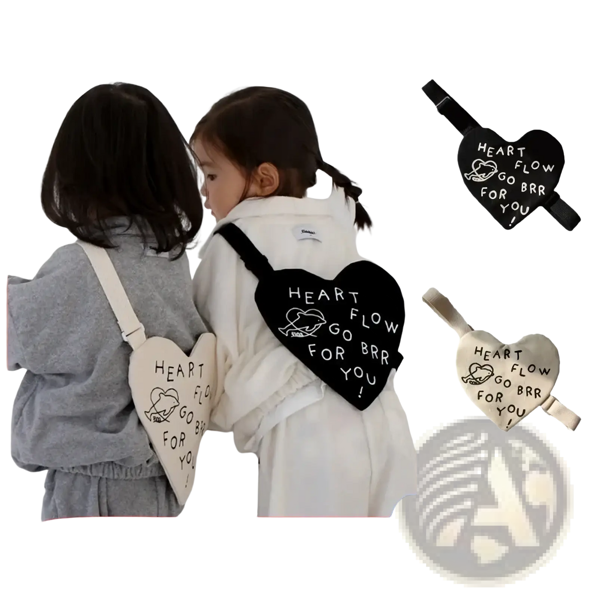 Korean kids heart crossbody bag black or white heart-shaped design with heart flow go brr for you text and small heart detail