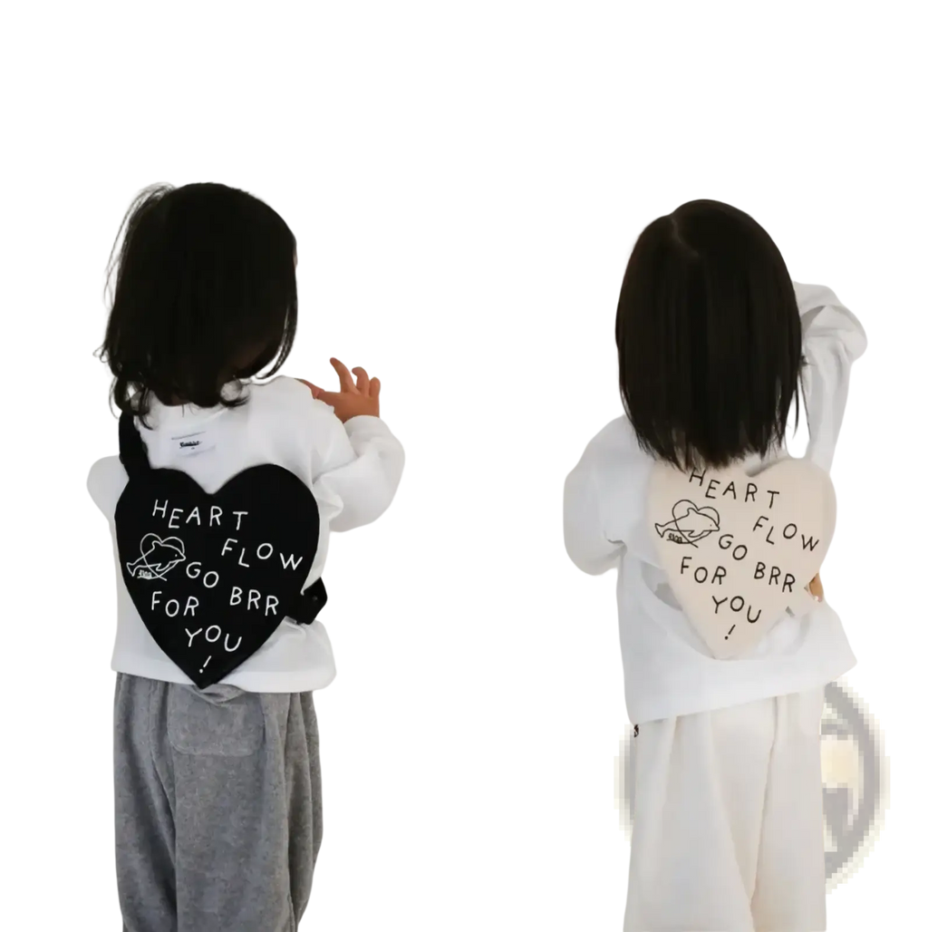 Korean kids heart crossbody bag in black and white with heart shaped design and heart flow go brr for you print