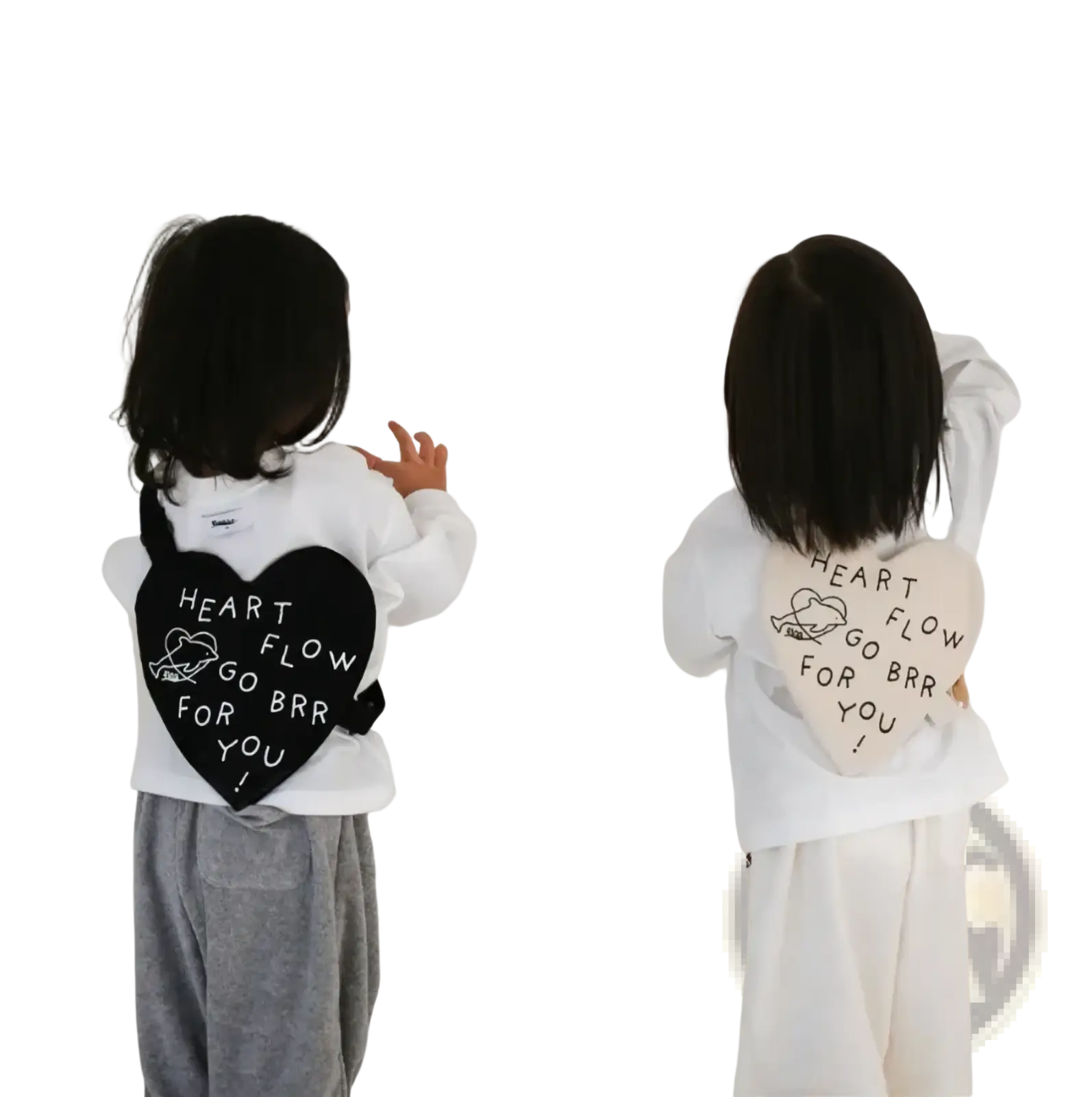 Korean kids heart crossbody bag in black and white with heart shaped design and heart flow go brr for you print