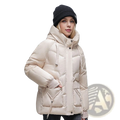 Cream-colored quilted Korean loose winter puffer jacket with hood and front zipper closure for cold weather