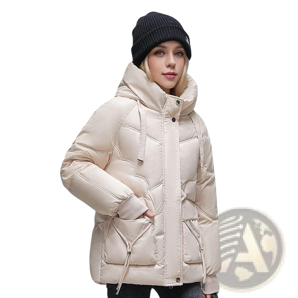 Cream-colored Korean loose winter puffer jacket with quilted design hood and front zipper closure for cold weather