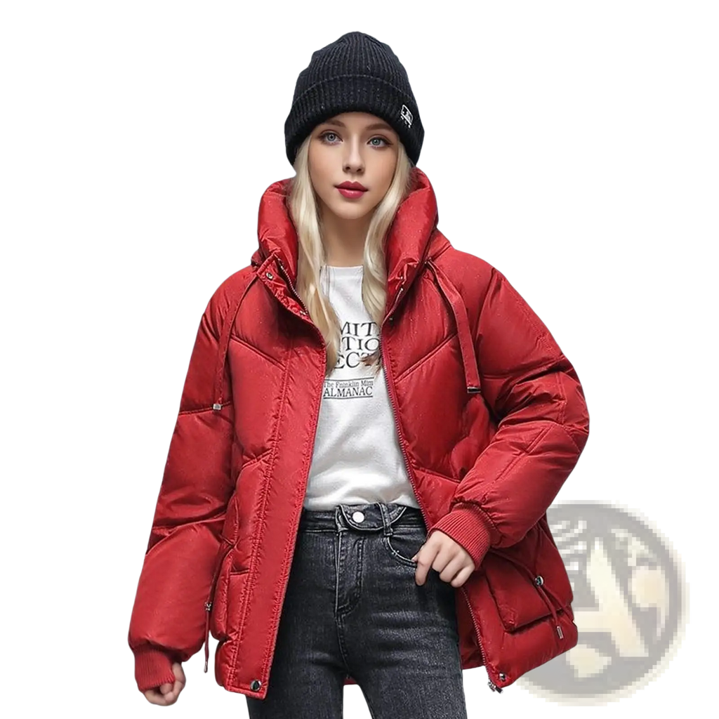 Red quilted Korean loose winter puffer jacket with hood and ribbed cuffs designed for cold weather