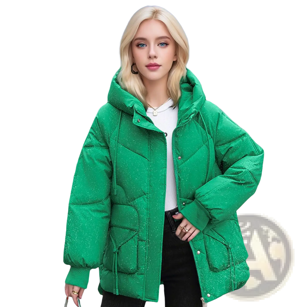 Vibrant emerald green Korean loose winter puffer jacket with quilted design and subtle glittery texture