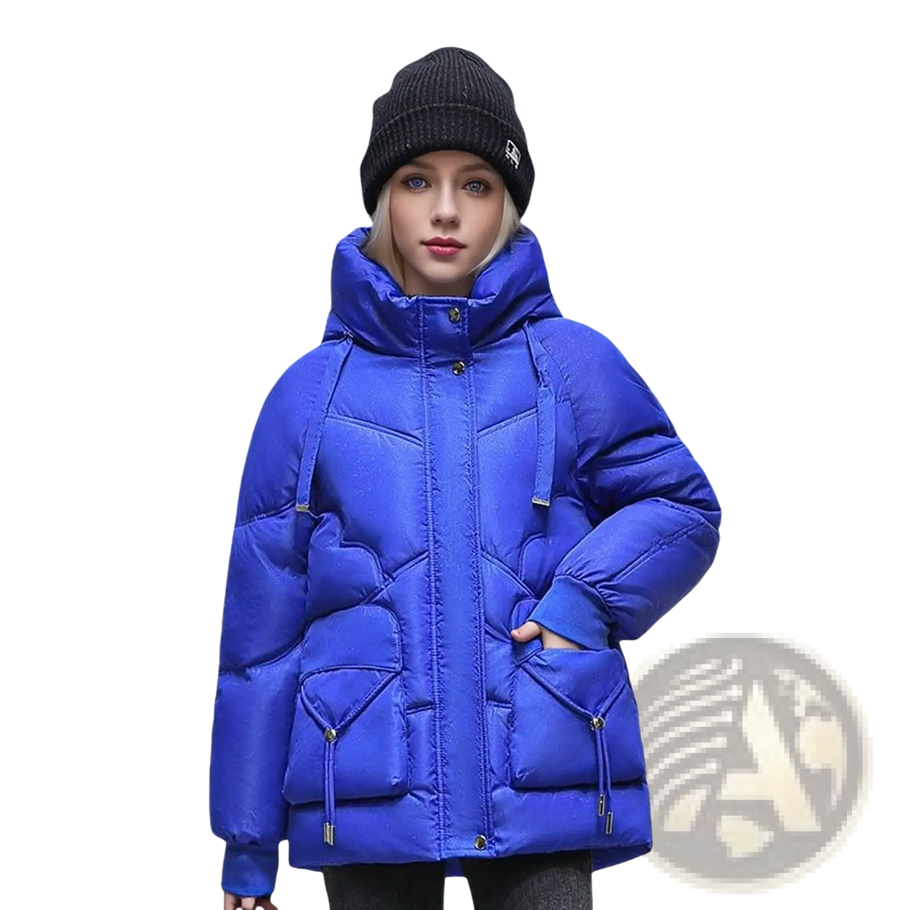 Vibrant royal blue Korean loose winter puffer jacket with quilted design and front pockets featuring drawstrings