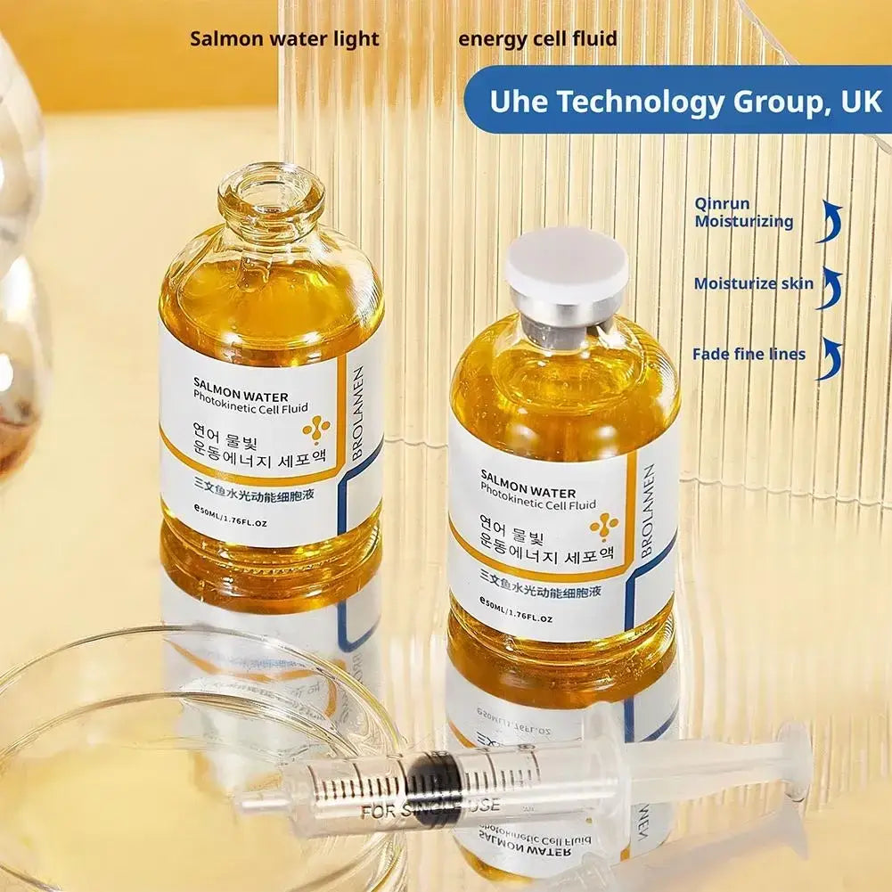 Clear glass vials of golden-yellow korean salmon anti-aging serum from uhe technology group enhance skin barrier function