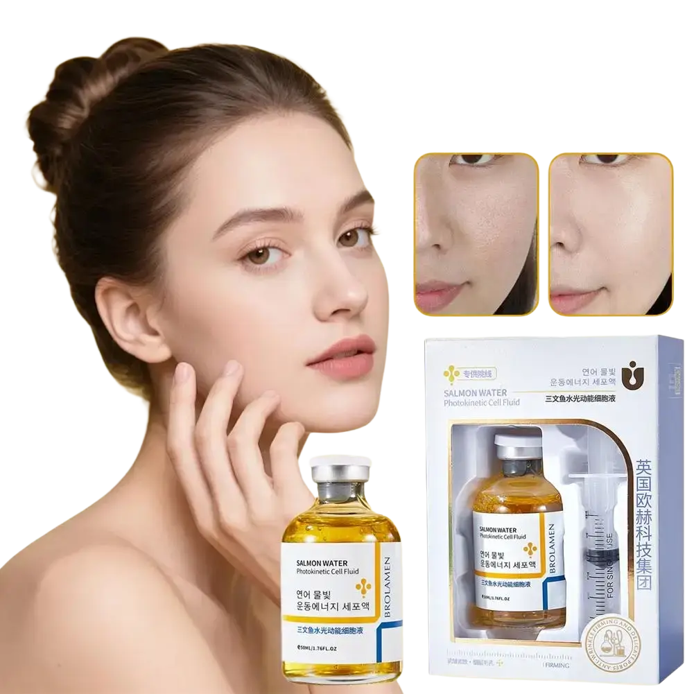Salmon water photokinetic cell fluid serum in clear glass bottle with silver cap for skin barrier function and hydration