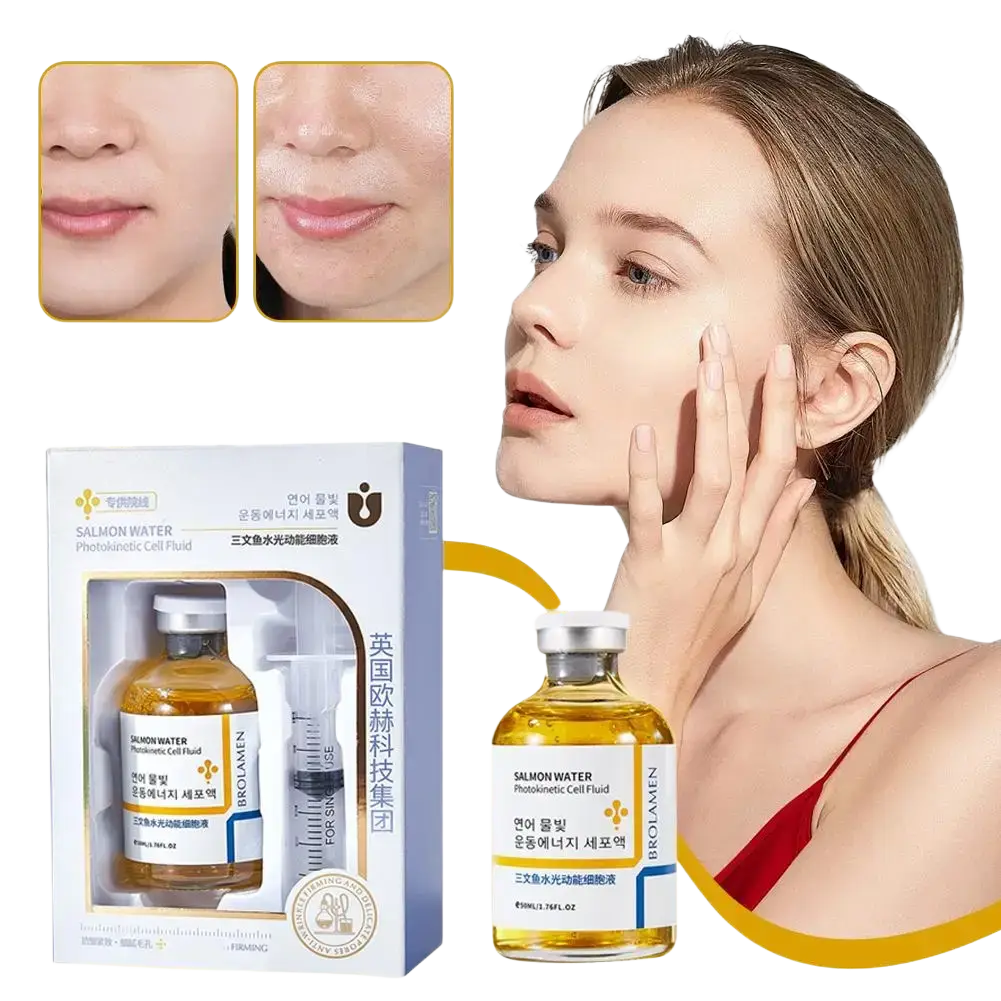 Korean salmon anti-aging serum in a clear glass bottle with silver cap and blue box for skin barrier function