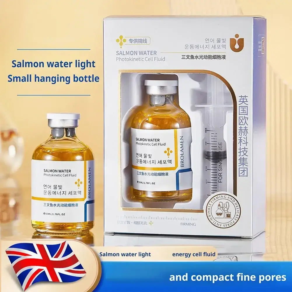 Korean salmon anti aging serum with amber fluid in clear glass bottle supports skin barrier function and continuous hydration