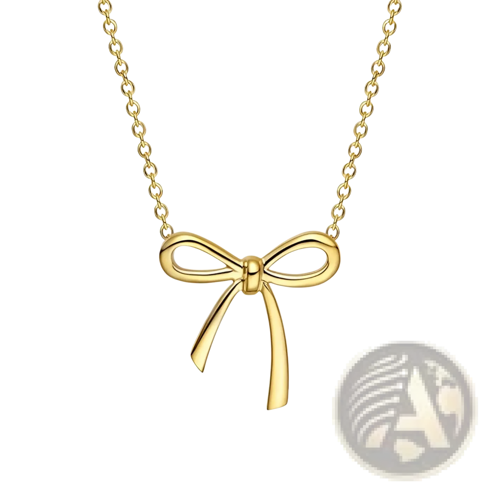 Gold-colored Korean style bow pendant necklace featuring a delicate minimalist bow on a fine clavicle chain