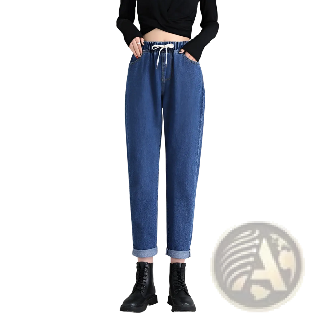 Blue denim korean style high waist straight jeans with drawstring waist and rolled cuffs