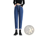 Blue denim korean style high waist straight jeans with drawstring waist and rolled cuffs