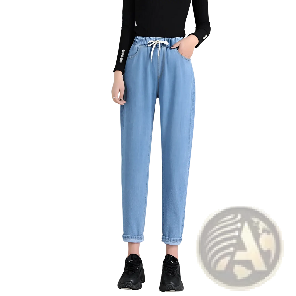 Light blue denim Korean style high waist straight jeans with drawstring waist and cuffed hems