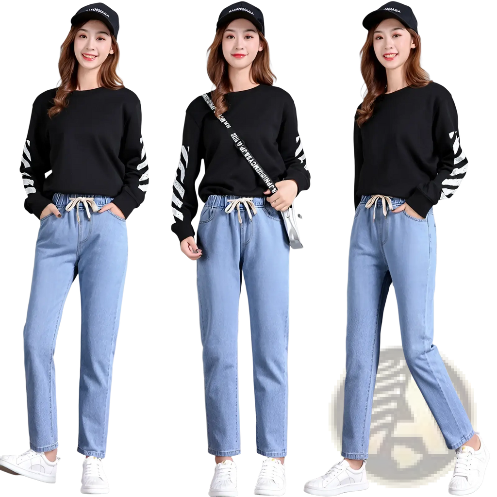 Black long-sleeved sweatshirt with white striped sleeves paired with korean style high waist straight jeans