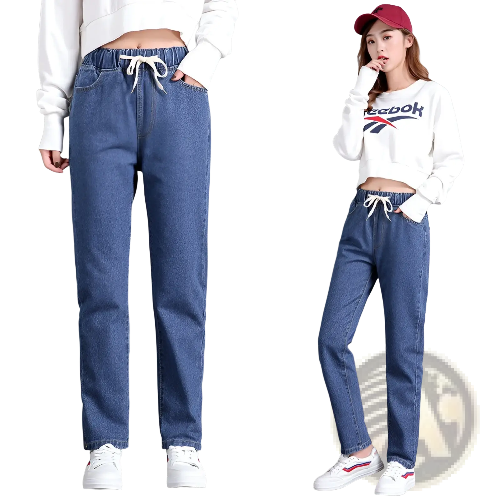 Blue denim jogger pants with white drawstring waistband featuring Korean style high waist straight jeans design