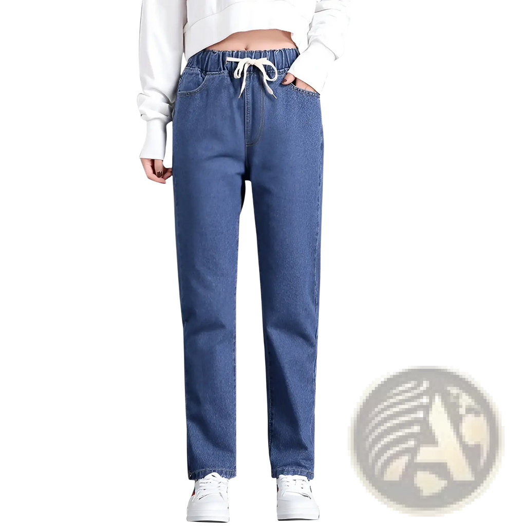 Blue denim Korean style high waist straight jeans with a drawstring waistband and white cord detail