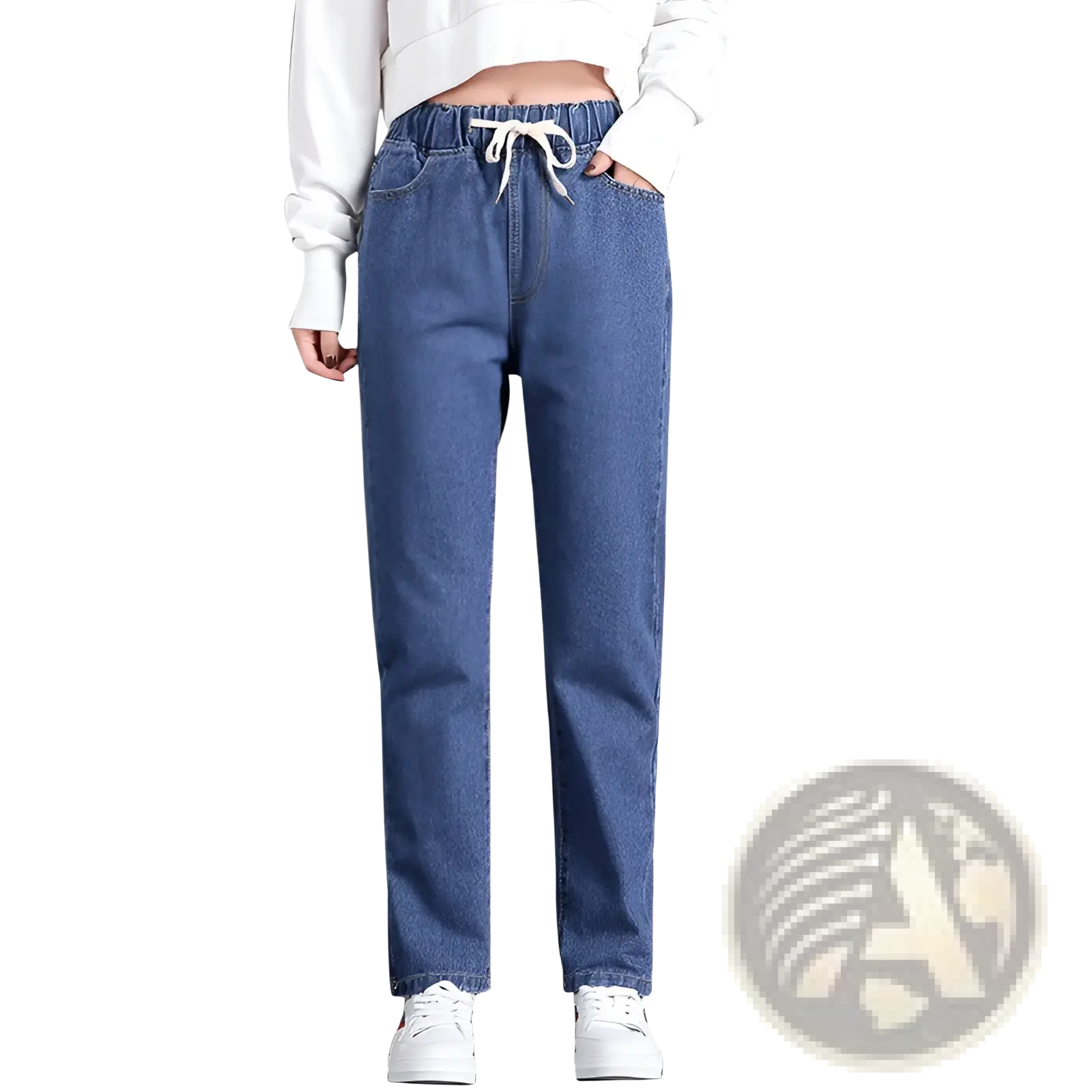Blue denim Korean style high waist straight jeans with a drawstring waistband and white cord detail
