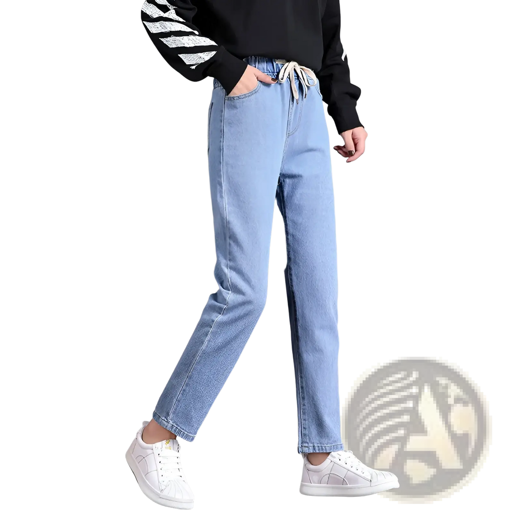 Korean style high waist straight jeans in light-wash denim with relaxed fit and white drawstring waistband