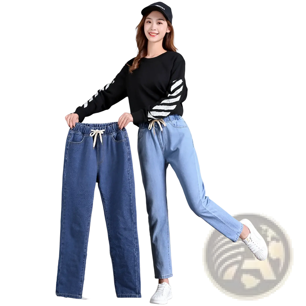A pair of Korean style high waist straight light-wash denim jeans with elastic waistbands and white drawstrings